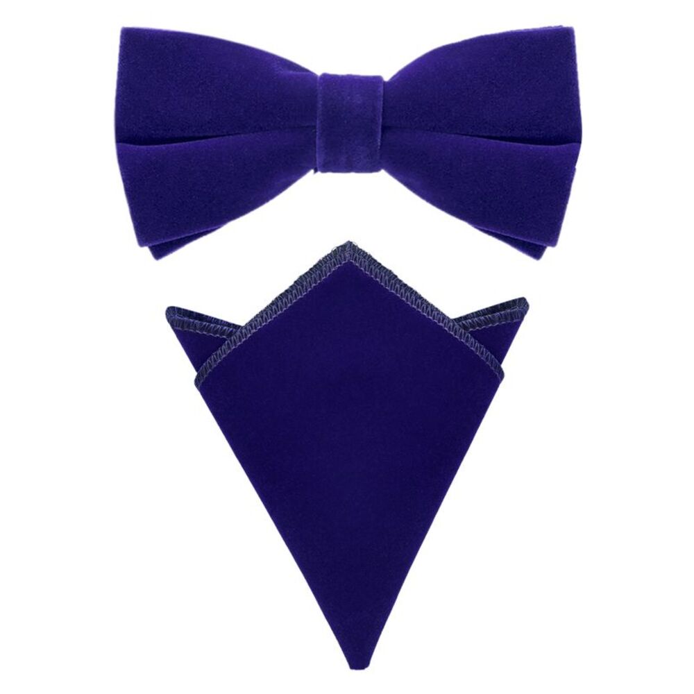 Velvet Adjustable Pre-Tied Bow Tie Solid Color Pocket Square Set Blue